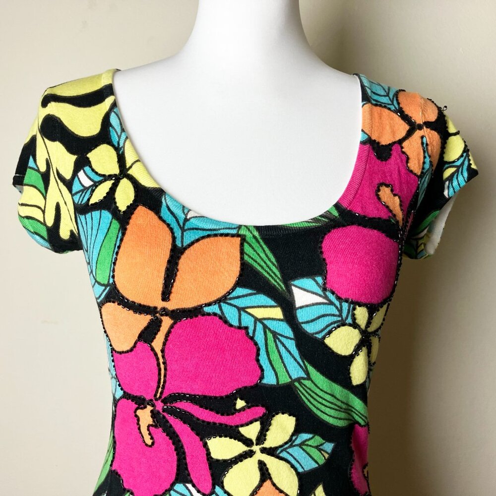 Cache | Beaded Multicolor Top Flower Print | Rare Find | Size Small - Picture 3 of 12